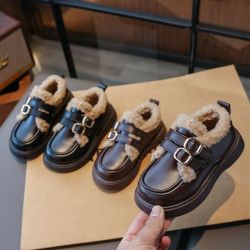 女童鞋子儿童棉鞋保暖鞋冬季英伦皮鞋小女孩豆豆鞋加绒宝宝乐福鞋