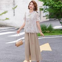 FUYAN芙沿妈妈夏装套装洋气雪纺小衫2026新款中老年女装短袖上衣时尚两件套