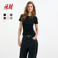 H&M 女装T恤2025年春季宽松简约舒适休闲棉质汗布罗纹T恤1260556 黑色 L 170/104