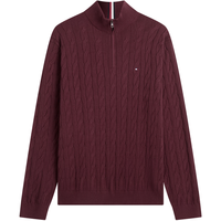 TOMMY HILFIGER 男纯棉半拉链绞花针织衫 深红色 M