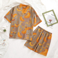 bebedog纯棉汗蒸服女情侣双层纱提花按摩桑拿服浴服酒店春夏浴衣男睡衣 轻风幻想黄 M 120斤以下