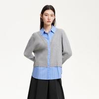 VERO MODA 秋针织拼接条纹灰蓝撞色假两件洋气职场宽松衬衫女