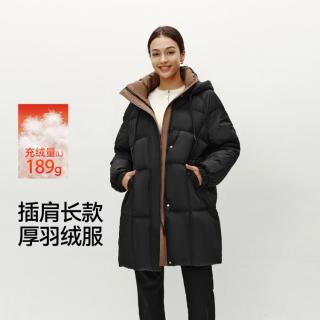 森马 冬季长款宽松连帽羽绒服女撞色休闲简约百搭厚外套