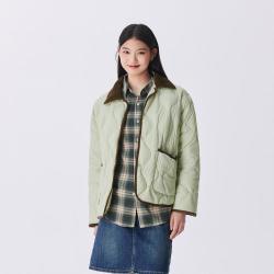 森马 冬季中长款轻薄拼接灯芯绒翻领外套复古羽绒服女