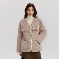 森马 秋冬中长款V领落肩上衣时尚气质宽松通勤夹克复古毛绒外套女