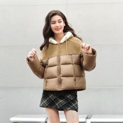 森马 冬季毛绒连帽宽松拼接棉衣女复古设计感面包服保暖个性时尚棉服