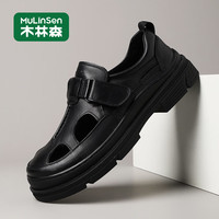 木林森 头层牛皮凉鞋轻便舒适百搭时尚夏季男士日常休闲鞋 黑色   39