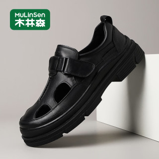 木林森 头层牛皮凉鞋轻便舒适百搭时尚夏季男士日常休闲鞋 黑色   39