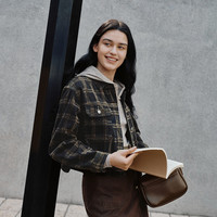 森马 森柔牛仔|牛仔外套女短款翻领做旧衣服秋复古夹克小个子街头 蓝咖色调00385 M