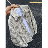 马登 美式复古格子衬衫男秋季宽松休闲百搭开衫长袖衬衣情侣外套