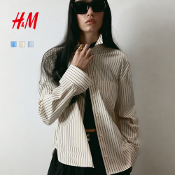 H&M 女装衬衫2026夏季新款智性条纹美学大廓形府绸衬衫上衣1316799 浅米色/条纹 S 160/88