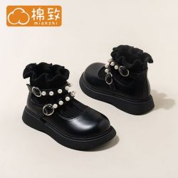 棉致 儿童袜靴中大女童时尚小皮鞋秋冬款皮靴子加绒公主鞋女童鞋子