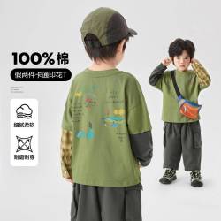 右欧 男童纯棉假两件长袖T恤秋装新款春秋童装儿童宝宝打底衫上衣