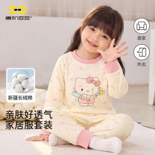 百亿补贴：唐机豆豆 女童提花全棉家居服春秋款卡通满印蝴蝶结小猫睡衣秋衣