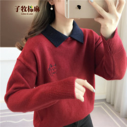 子牧棉麻 女士POLO领加厚针织衫