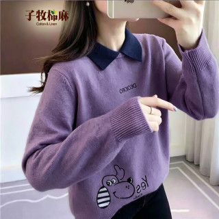 子牧棉麻 女士POLO领加厚针织衫