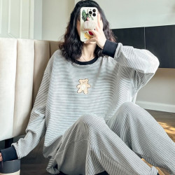 睡衣女生春季长袖长裤条纹宽松课外穿套头家居服春秋