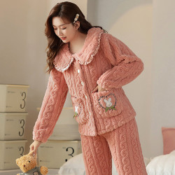 保暖冬季家居服套装大码加绒睡衣冬天春秋套装甜美女士珊瑚绒