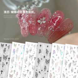 美甲贴镂空飘逸液态蝴蝶贴纸立体幻彩镭射蝴蝶清新金银极光指甲贴