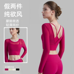 沁卿假两件瑜伽服性感网纱纯欲风瑜伽t恤运动V型美背固定杯健身衣