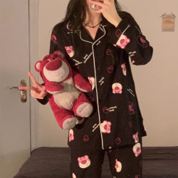 可爱草莓熊睡衣女套装2025春季大码休闲加肥加大260穿甜美家居服