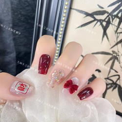 钱多多 手工穿戴甲发财暴富红色碎钻光疗美甲显白可拆穿戴甲