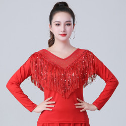 摩登舞上衣女长袖时尚流苏跳舞衣服专卖拉丁广场三步踩舞蹈服秋冬