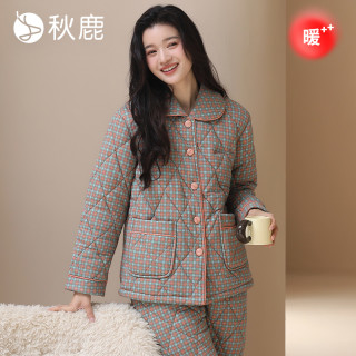 秋鹿 高质量百搭针织夹棉扣领女套格子保暖舒适家居服