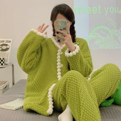 珊瑚绒睡衣女秋冬款加绒加厚新款甜美学生保暖法兰绒家居服两件套