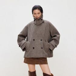 ONLY 秋季含绵羊毛双面呢两穿领口毛呢格子大衣女
