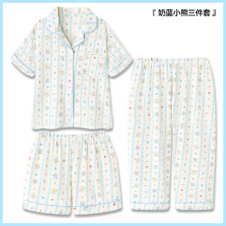卡通小熊蓝色条纹睡衣少女夏季可爱学生短袖短裤长裤三件套家居服