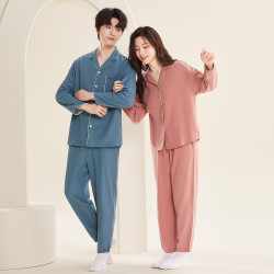 Hodo 棉男女士春秋季纯色长袖磨毛精梳棉睡衣柔软舒适睡衣女套装