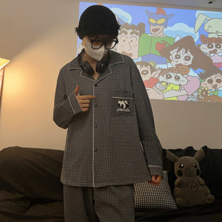 高级感格子熊猫男士睡衣男春秋款长袖长裤青少年可外穿家居服套装