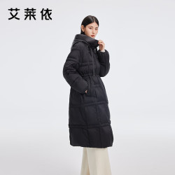 艾莱依 冬季双线格连帽加厚大衣长款羽绒服