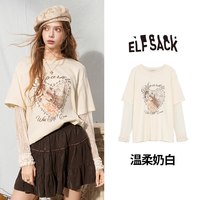 移动端：妖精的口袋 假两件拼接印花长袖t恤女2026年新款早秋穿搭宽松上衣