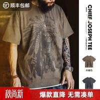 马登 工装美式复古满印花T恤纯棉重磅棕色印第安vintage短袖男 木咖色 L