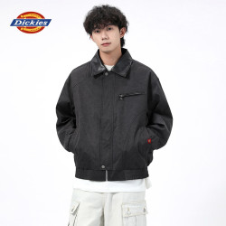 Dickies 秋冬季户外通勤工装皮领休闲夹克开衫外套男士撞色美式翻领飞行服 黑色 L