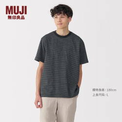 無印良品 MUJI 男式 天竺织 圆领短袖T恤 男士打底衫男款 25年夏季 黑色条纹 L (175/100A)