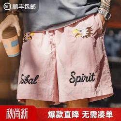 马登 工装美式复古印第安沙滩五分裤刺绣薄款宽松休闲百搭短裤男秋 粉色  L