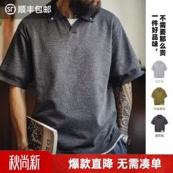 马登 工装美式复古高品质半袖老钱风海鸥领polo衫宽松短袖t恤男夏 深灰色  M