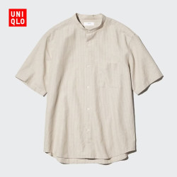 优衣库 棉麻条纹立领短袖衬衫 米色 3XL