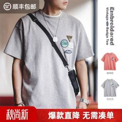 马登 工装 美式休闲刺绣徽章短袖t恤设计感纯棉圆领五分袖Tee男夏季 花灰 预定 L