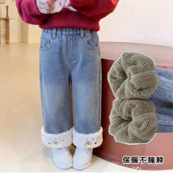 女童糕糕绒裤子2025秋冬季新款时尚百搭加厚牛仔裤女宝洋气阔腿裤