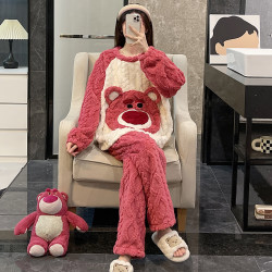 珊瑚绒秋冬季睡衣女士法兰绒加厚加绒高档草莓熊套装居家居服冬天