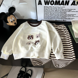 多彩蛙 秋季新款儿童棉质卫衣套装条纹韩版休闲卡通男女童秋冬