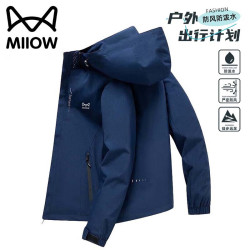 猫人 冲锋衣夹克男春秋季外套连帽运动户外宽松登山服上衣 暗蓝 2XL