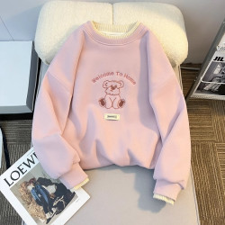 女童加绒卫衣秋冬款2025新款假两件拼接卫衣刺绣卡通中大童上衣潮