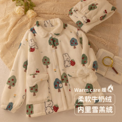 双层加绒雪羔绒内里睡衣女套装秋冬季加绒可爱珊瑚绒牛奶绒家居服