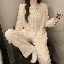 法兰绒开衫睡衣套装女生秋冬季2025新款甜美花边杏色长毛绒家居服