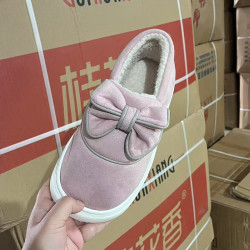 麂皮绒棉拖鞋2336女冬季蝴蝶结厚底踩屎感室内家居包跟保暖棉鞋冬